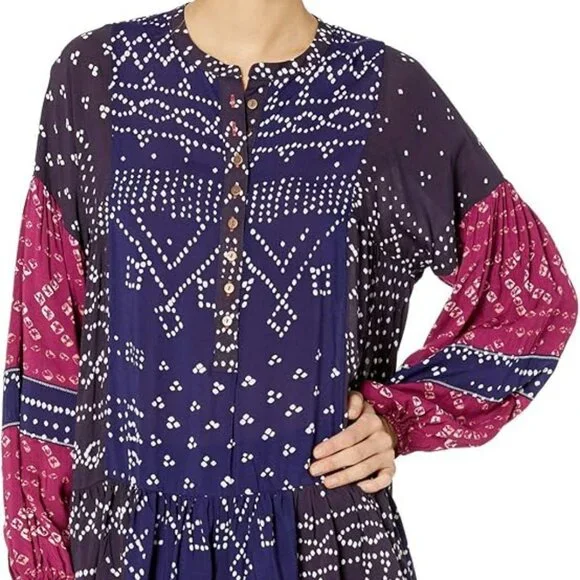 Free People Shibori Swing / Baby Doll Mini Dress with Balloon (Puff) Sleeves - Picture 2 of 16